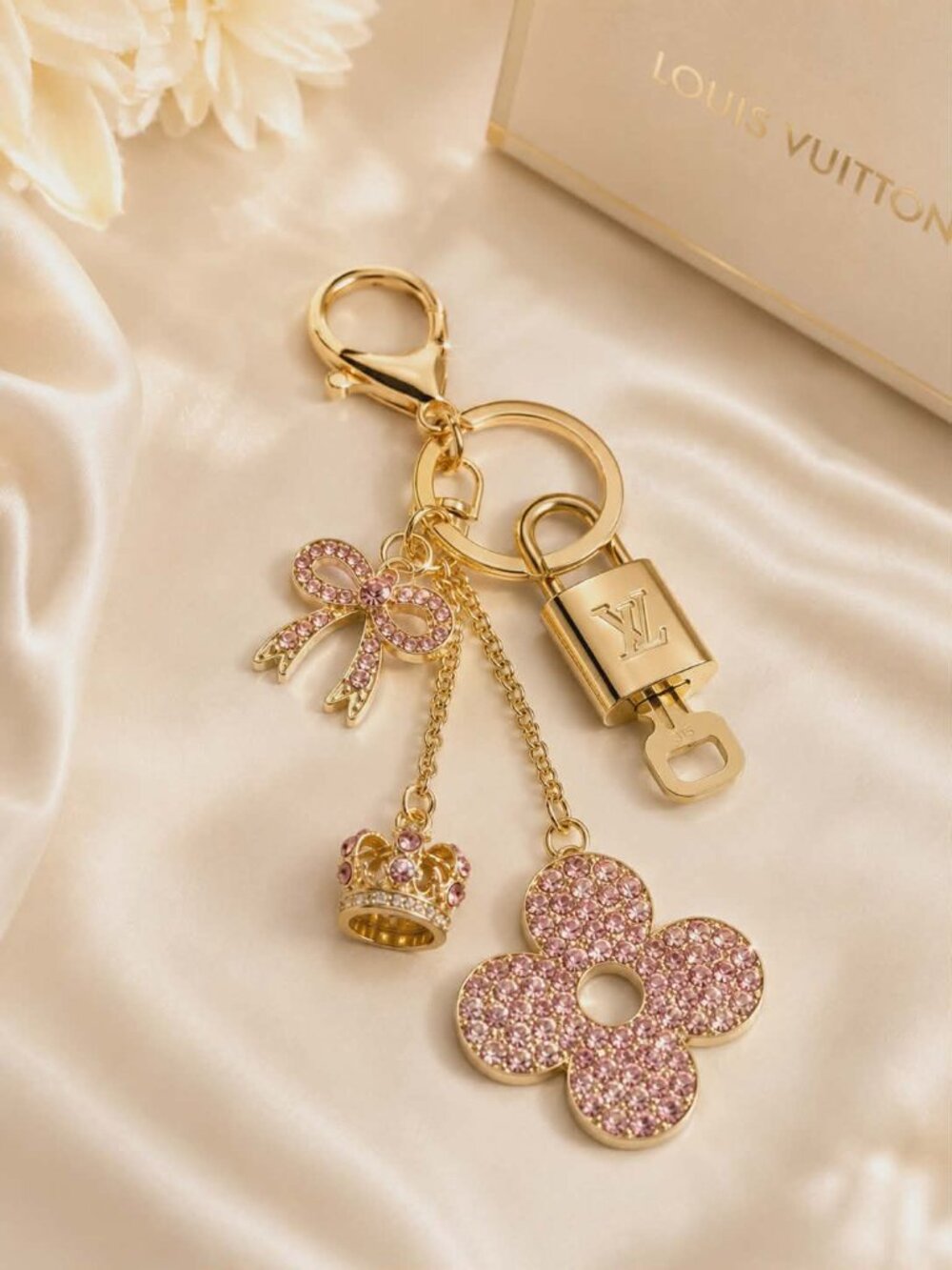 LV Authentic Gold Lock & Key 🔑 Luxury Bag Charm w/ Unbranded Flower Keychain